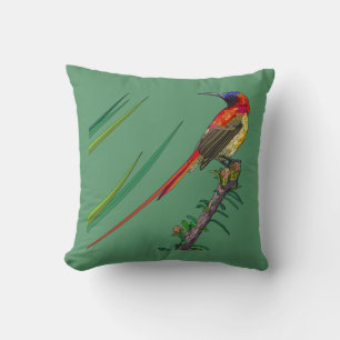 Painted Birds on Green Throw Pillow