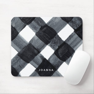 Painted Black and White Buffalo Plaid and Name Mouse Pad