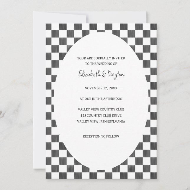 Painted Black and White Check Pattern Wedding Invitation (Front)