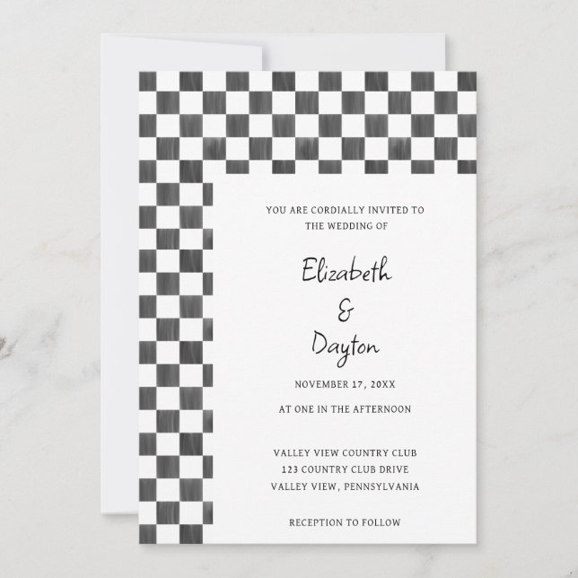 Painted Black and White Check Pattern Wedding Invitation (Front)