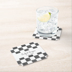 Painted Black Chequerboard Pattern Wedding Paper Coaster