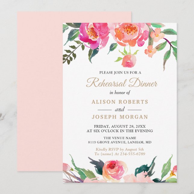 PAINTED BLOOMS Botanical Floral Rehearsal Dinner Invitation (Front/Back)