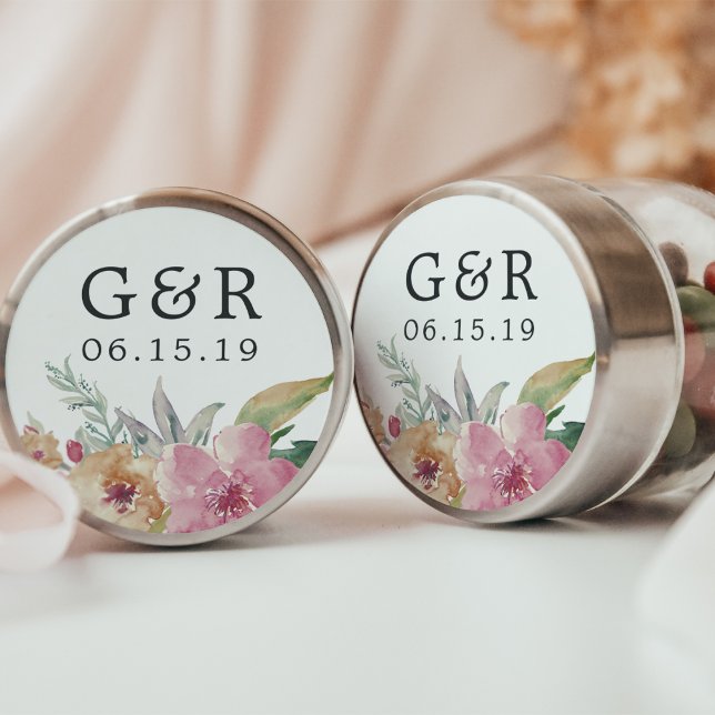 Painted Blooms Wedding Monogram & Date Classic Round Sticker (Creator Uploaded)