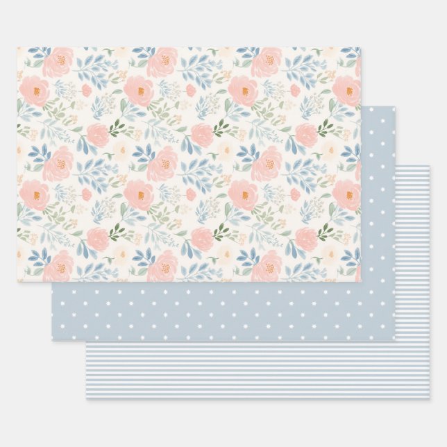 Painted Blossoms Flower Floral Stripe Wrapping Paper Sheet (Set)