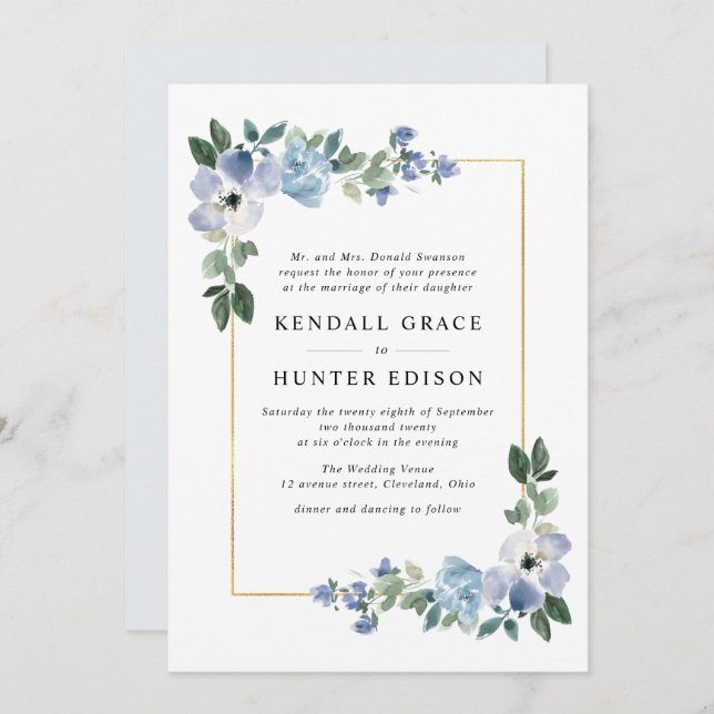painted blue and green floral frame wedding invitation (Front/Back)