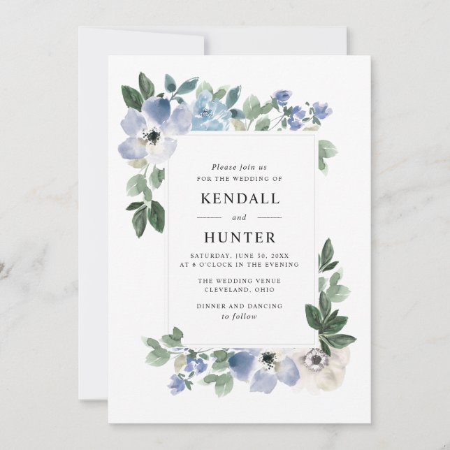 painted blue and green floral wedding invitation (Front)