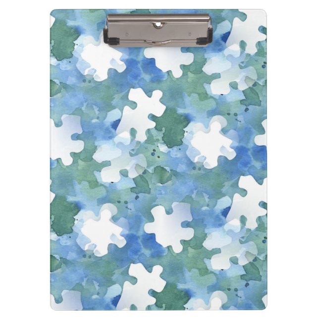 Painted Blue and Green Puzzle Piece  Pocket Folder Clipboard (Front)
