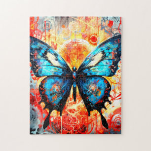 Painted Blue Butterfly with Gear Background.  Jigsaw Puzzle
