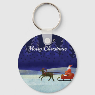 Painted Blue ChristmasNight withSanta and Reindeer Keychain