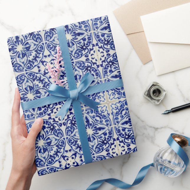 Painted Blue Tile Look - Mediterranean Courtyard Wrapping Paper (Gifting)