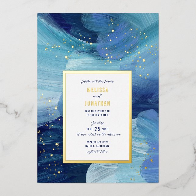 Painted Blue Wedding Invitation Foil Invitation (Front)
