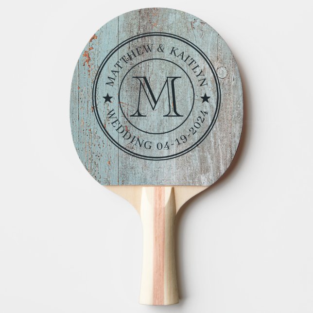 Painted Blue Wood Wedding Monogram Star Ping Pong Paddle (Front)