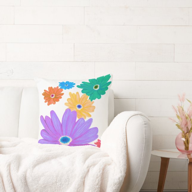 Painted Bold Blooming Flower Design Throw Pillow (Couch)