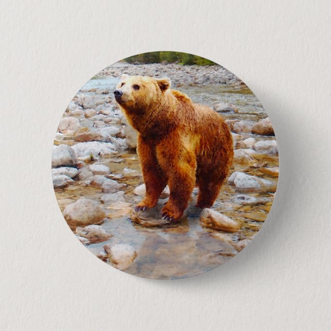 Painted Brown Bear in River Woodland Wildlife 2 Inch Round Button (Front)