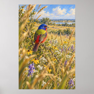 Painted Bunting Among South Texas Wildflowers Poster