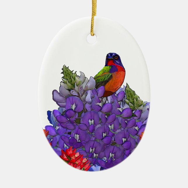 Painted Bunting on Bluebonnets Ceramic Ornament (Front)