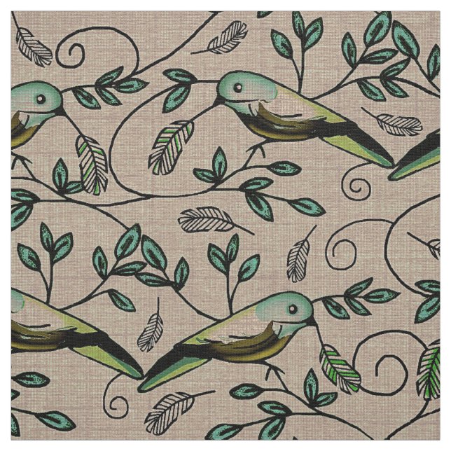 Painted Buntings & Scrolls Vintage Cottage Fabric (Swatch)