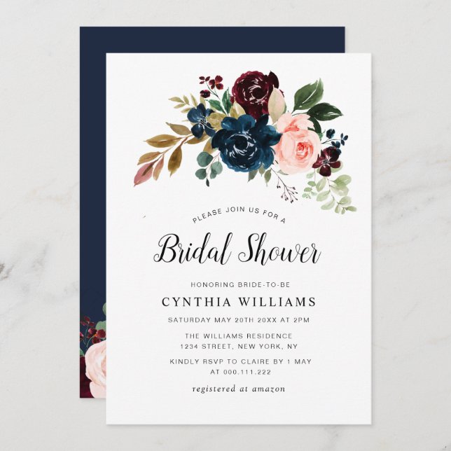 painted burgundy & navy floral Bridal shower Invitation (Front/Back)