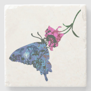 Painted Butterfly on Red Hibiscus Stone Coaster