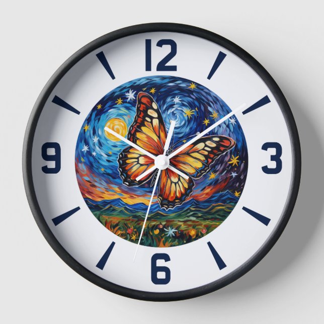 Painted Butterfly Starry Night Sky Elegant Womans Clock (Front)