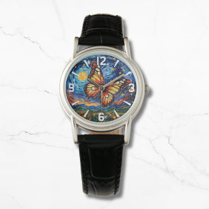 Painted Butterfly Starry Night Sky Elegant Womans Watch