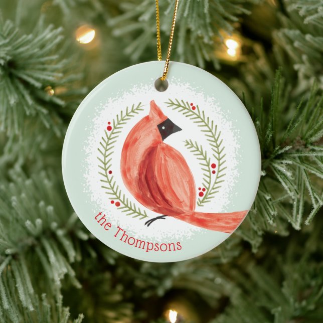 Painted Cardinal Wreath Custom Family Name & Photo Ceramic Ornament (Tree)