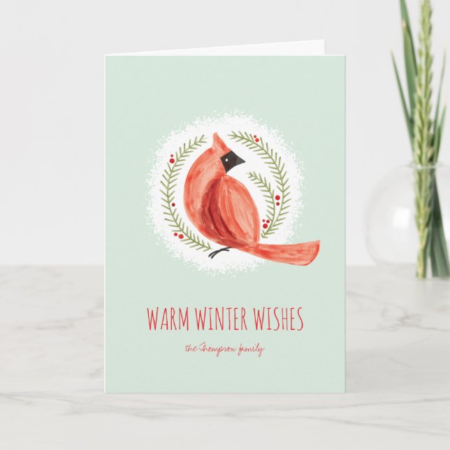 Painted Cardinal Wreath Folded Winter Holiday Card (Front)