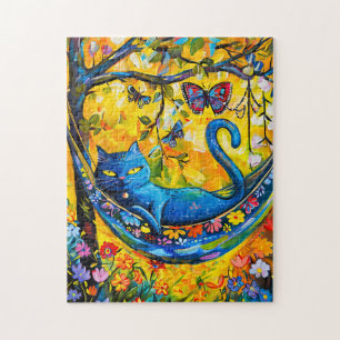 Painted Cat in Hammock Under Tree with butterfly Jigsaw Puzzle