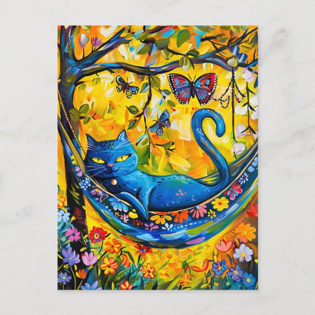 Painted Cat in Hammock Under Tree with  butterfly Postcard (Front)