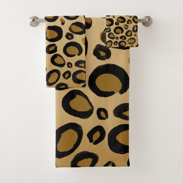 Painted Cheetah Leopard Print Spots Gold Beige Tan Bath Towel Set (Insitu)