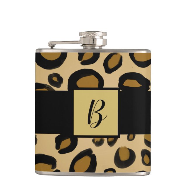 Painted Cheetah Leopard Print Spots Gold Beige Tan Hip Flask (Front)