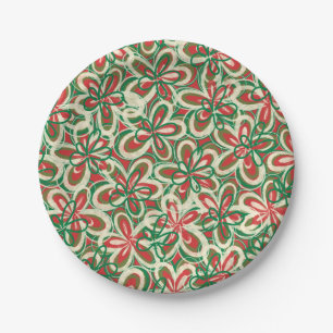 Painted Christmas Retro Floral Pattern Red Green Paper Plate