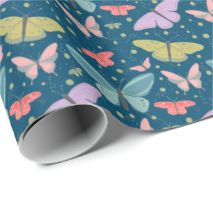 Painted Clouds of Butterflies Dark Blue Wrapping Paper