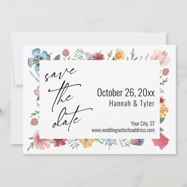 Painted Colourful Watercolor Meadow Wildflower Save The Date (Front)