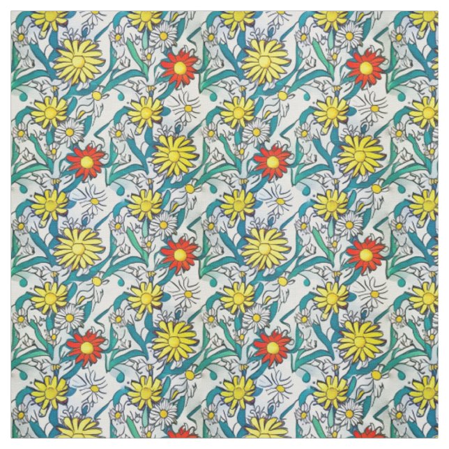 Painted Daisies Modern Pop Art Fabric (Swatch)