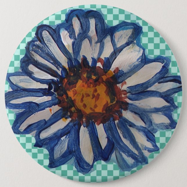 Painted Daisies, on Teal Chequered Background 6 Inch Round Button (Front)