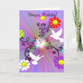 Painted Daisys and Doves Birthday Card