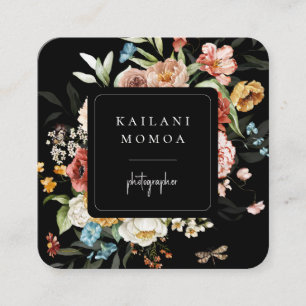 Painted Dark Floral Black Square Business Card