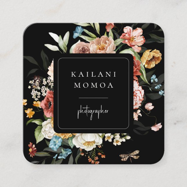 Painted Dark Floral Black Square Business Card (Front)