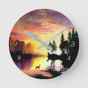Painted Deer at Dawn Round Clock
