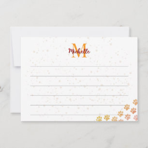 Painted Dog Paw Prints Watercolor Lined Monogram  Card
