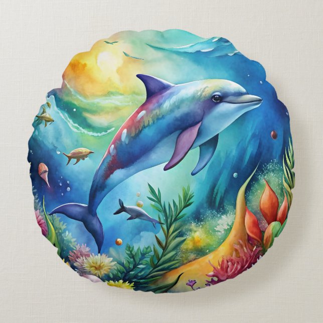 Painted Dolphin Round Pillow (Front)