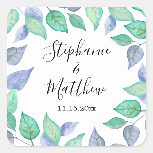Painted Dusty Blue Watercolor Leaves Wedding Square Sticker (Front)
