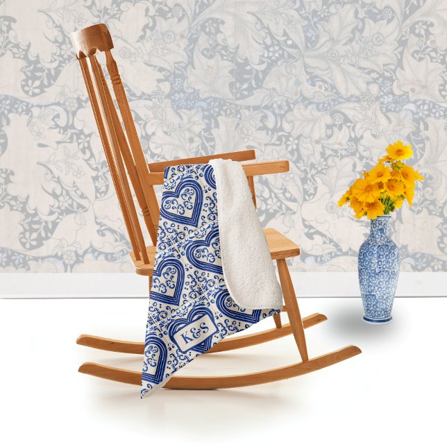 Painted Dutch Tiles Blue Heart on White - Initials Sherpa Blanket (Creator Uploaded)