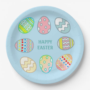 Painted Easter Eggs on Light Blue Paper Plate
