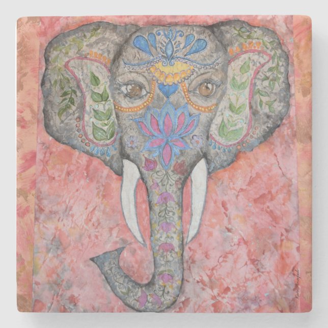 Painted Elephant Watercolor Art Stone Coaster (Front)