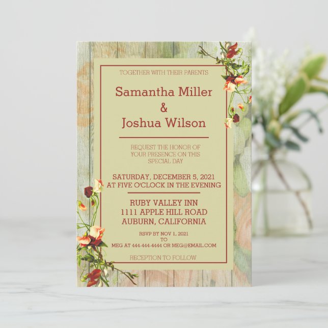 Painted Fence with Spring Flowers Wedding Invitation (Standing Front)
