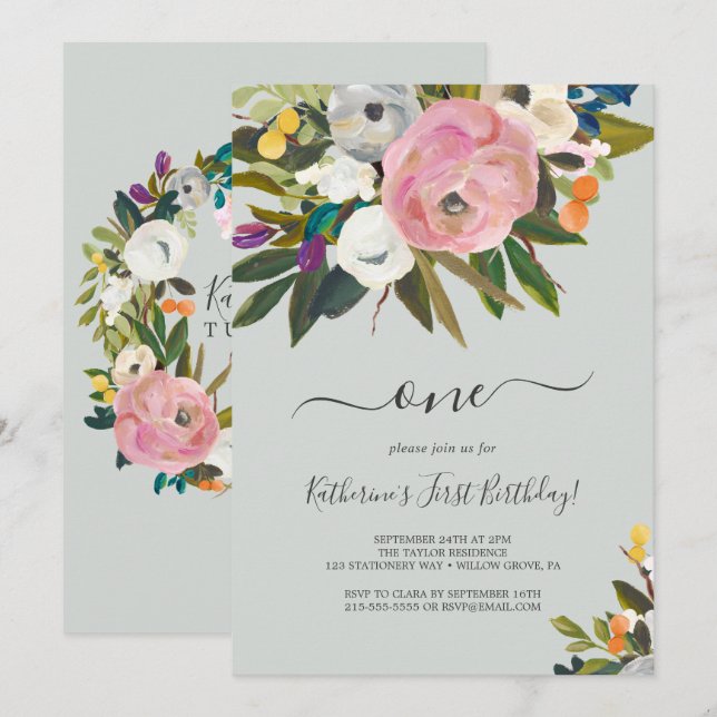 Painted Floral 1st Birthday Invitation (Front/Back)
