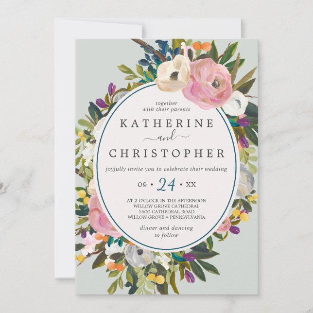 Painted Floral All In One Wedding Invitation (Front)