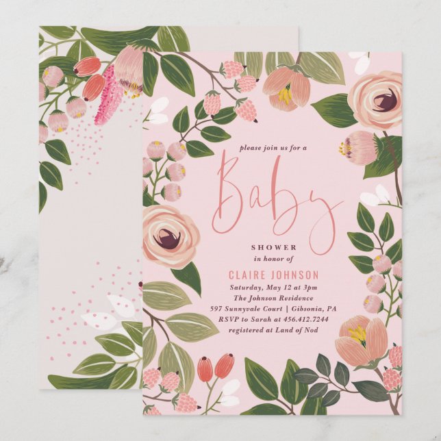 Painted Floral Baby Shower Invitation | Coral (Front/Back)